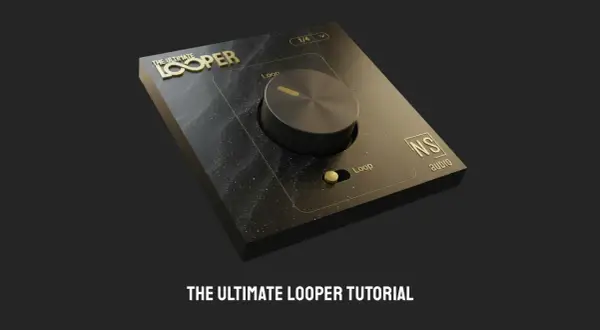 Schwarzes Gerät mit goldener Schrift "The Ultimate Looper" und einem großen Drehknopf. Ideal für Musikproduzenten, die einen music looper suchen.
