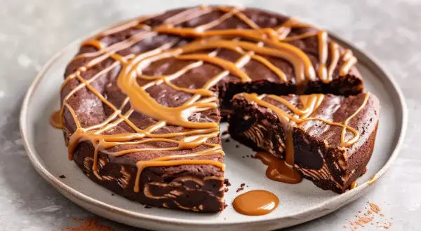 En saftig kladdkaka med ett härligt mönster, toppad med en generös glasyr av dulce de leche.