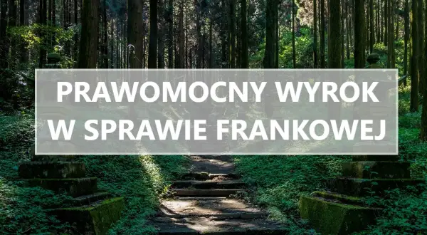 Kamienne schody w lesie, z napisem "Prawomocny wyrok w sprawie frankowej". Po długiej drodze, kiedy wyrok jest prawomocny po apelacji, można odetchnąć.