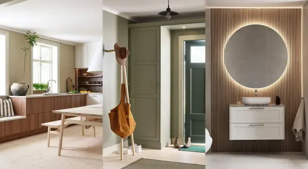 Triptyk av hemtrevliga rum: kök med trädetaljer, hall med hatthylla och ett modernt badrum med rund spegel. Klassisk design genomsyrar helheten.