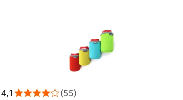 Cuatro fundas isotérmicas para botella en colores vibrantes: rojo, amarillo, azul y verde.