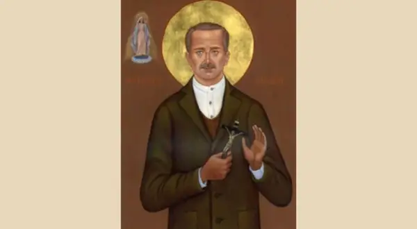 Święty Mateusz Talbot, patron alkoholików, trzyma krzyż. Obok niego Matka Boska.