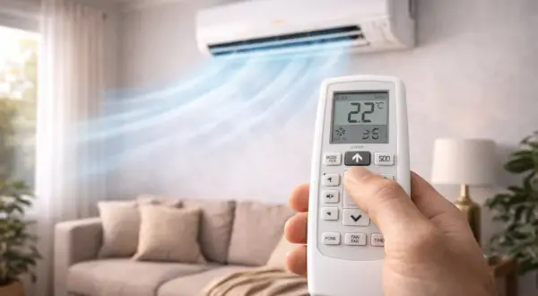 Main tenant ajuste le réglage température clim Daikin avec la télécommande pour un confort optimal dans le salon.