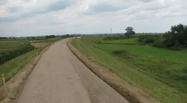 Asfaltowa ścieżka rowerowa velo raba wije się wśród pól kukurydzy i zielonych łąk, zapraszając na przejażdżkę.