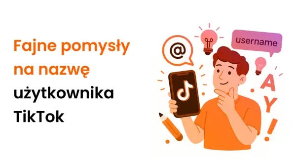 Fajne nazwy użytkownika na TikToka? Młody człowiek z telefonem szuka inspiracji, otoczony żarówkami pomysłów i ikonami.