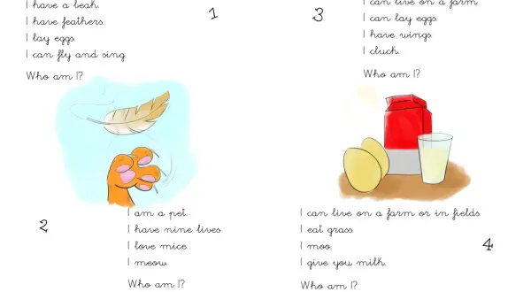 Página con adivinanzas en inglés sobre animales. Se muestran ilustraciones de una pluma y una pata de gato, y de huevos, leche y una caja de leche.