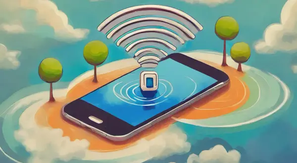 Smartfon na wyspie z drzewkami, symbol Wi-Fi unosi się nad ekranem. Idealny do monako roaming, gdziekolwiek jesteś.