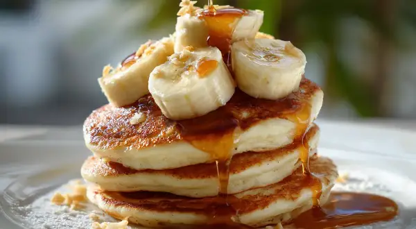 En hög med fluffiga bananpannkakor toppas med bananskivor och sirap. Ett perfekt bananpannkaka recept för en mysig frukost.