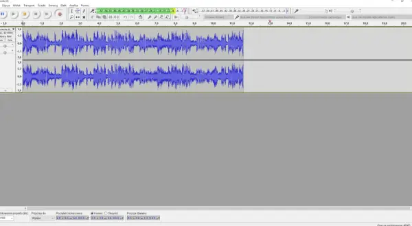 Nagrywanie dźwięku z komputera w programie Audacity. Widoczne dwie ścieżki audio z falami dźwiękowymi.