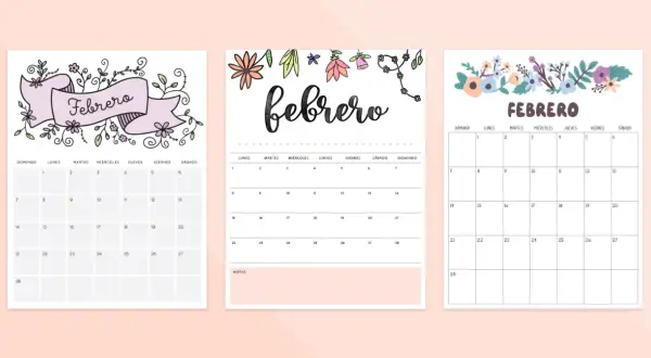 Tres diseños de calendarios para el **calendari febrer**, con decoraciones florales y el nombre del mes en grande.
