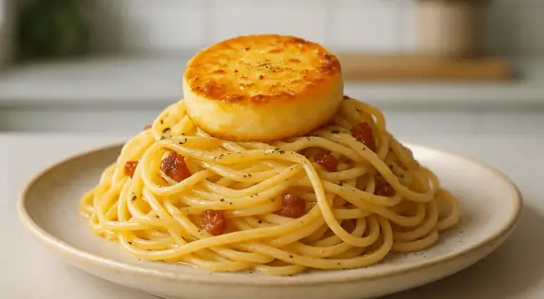 Pyszna carbonara z kawałkiem złocistego sera na wierzchu. Idealny wybór, jaki ser do carbonary? Ten wygląda obłędnie!
