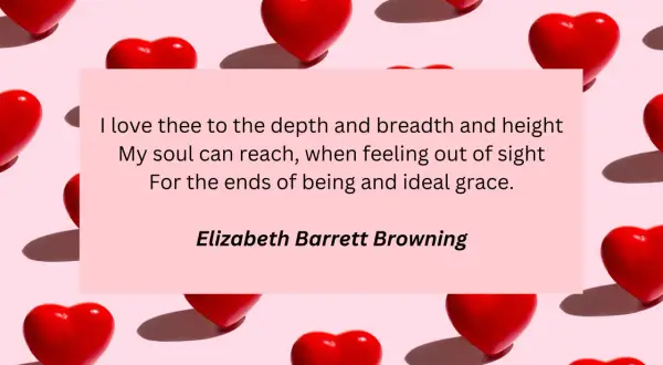 Czerwone serca na różowym tle. Cytat Elizabeth Barrett Browning o miłości, który może być inspiracją do pisania wierszy o pożądaniu dla niego.