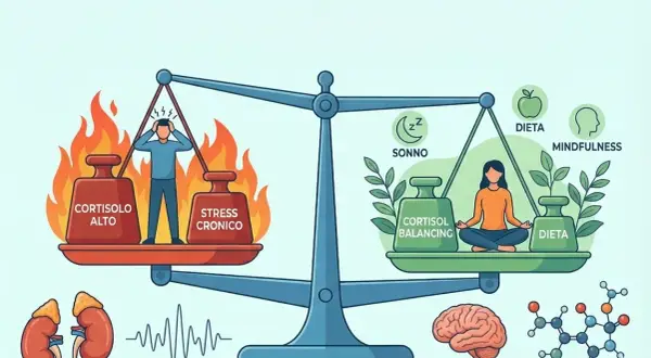 Bilancia tra stress cronico e cortisolo alto, che fa ingrassare, e soluzioni come sonno, dieta e mindfulness per bilanciare il cortisolo.