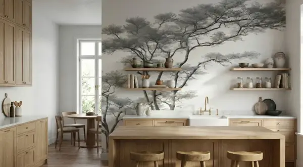 Cuisine épurée avec une **aquarelle sur bois** d'arbres stylisés ornant le mur. Meubles en bois clair, îlot central et vaisselle en céramique.