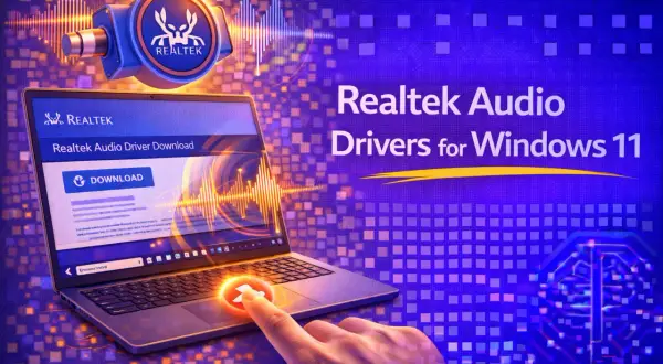 Jak uaktualnić sterowniki Realtek Audio na Windows 11? Laptop z otwartą stroną pobierania sterowników i ikoną Realtek.