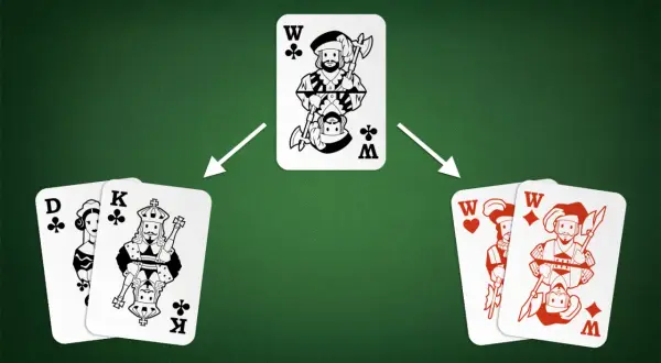 Karty Dama i Król karo tworzą sekwens w kartach. Król karo jest w centrum, a Dama karo i Król karo po bokach.