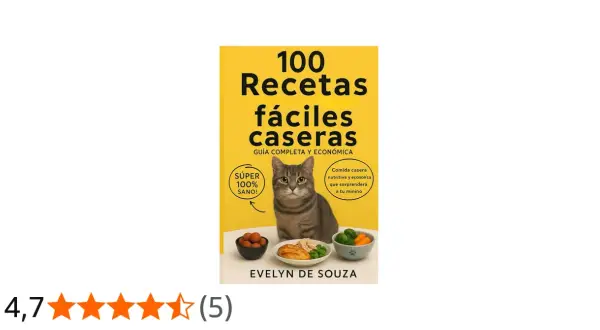 Libro "100 Recetas fáciles caseras" con un gato mirando platos de comida casera para gatos. ¡Recetas saludables y económicas!