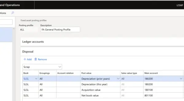 Konfiguracja księgowania likwidacji środka trwałego w Dynamics 365. Widok zawiera profile księgowania, konta księgowe i szczegóły dotyczące likwidacji.