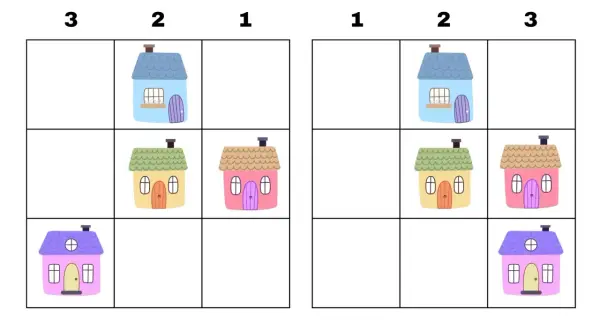 Ficha simetría: dos cuadrículas con casas de colores. Busca la diferencia en la disposición de las casas.