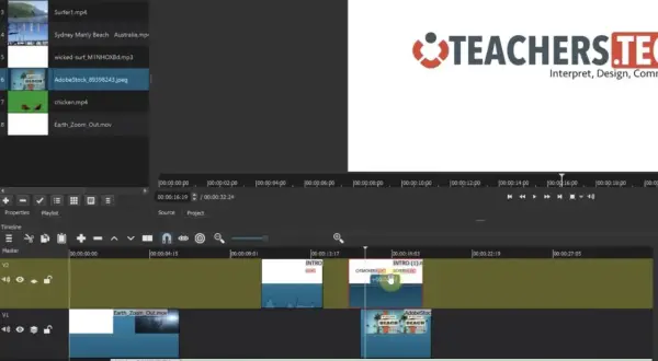 Edytor wideo, przypominający Final Cut Pro, z materiałami wideo i audio na osi czasu.