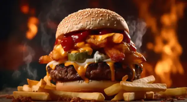 Soczysty burger z serem, frytkami i piklami, polany obficie sosem amerykańskim, na tle płomieni.