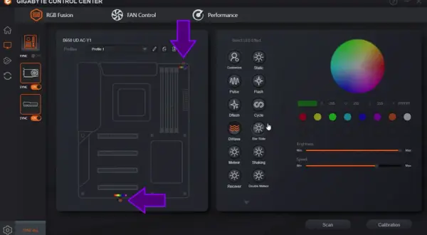 Interfejs RGB Fusion 2.0 pozwala na dostosowanie podświetlenia płyty głównej. Widoczne są opcje efektów LED, koło kolorów i suwaki jasności.