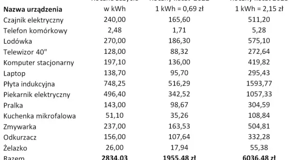 Tabela pokazuje, ile prądu zużywa mieszkanie w bloku, podając roczne zużycie w kWh i koszt w latach 2022-2023.