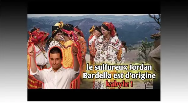 Jordan Bardella, d'origine kabyle, est mis en avant face à des femmes en tenues traditionnelles.