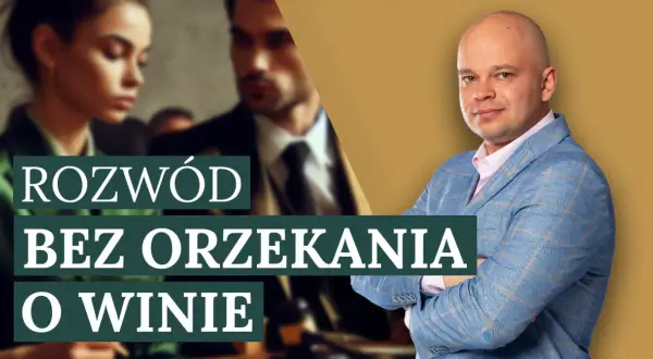 Mężczyzna w garniturze prezentuje hasło "ROZWÓD BEZ ORZEKANIA O WINIE". W tle widać parę.