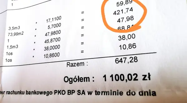 Szacunkowe ile kosztuje centralne ogrzewanie w bloku: 1100,02 zł. Na rachunku widać różne pozycje, m.in. za wodę i ogrzewanie.