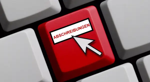 Rote Taste mit Mauszeiger und Beschriftung "Abschreibungen". Symbolisiert die digitale Erfassung von Abschreibungen am PC.