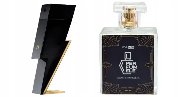 Czarny flakon perfum w kształcie pioruna Carolina Herrera obok prostokątnej butelki z etykietą Perfumele.