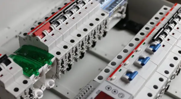 W skrzynce elektrycznej widać moduły zabezpieczające i wyłączniki. Programator steruje tymi elementami.