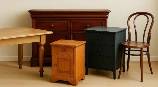 Un petit chevet en bois, prêt à être relooké, côtoie une commode sombre et une chaise courbée.