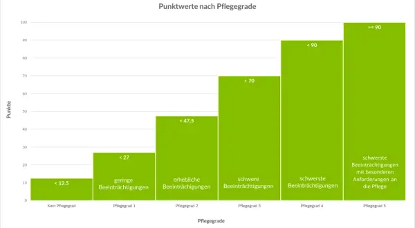 Balkendiagramm zeigt Punktwerte nach Pflegegraden gemäß 15 SGB XI. Von keinem Pflegegrad bis Pflegegrad 5 steigen die Punkte.