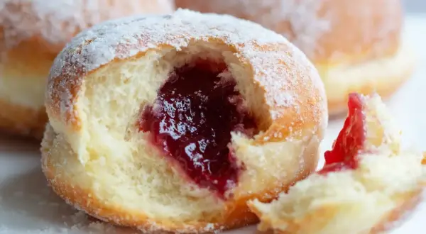 Puszyste pączki z piekarnika, oprószone cukrem pudrem, z obfitym nadzieniem z konfitury. Idealne na tłusty czwartek!
