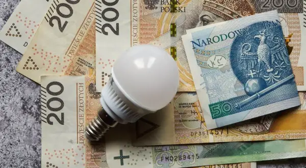 Żarówka LED na stosie polskich banknotów 200 zł i 50 zł. Symbolizuje koszty energii, prąd na kartę cennik.