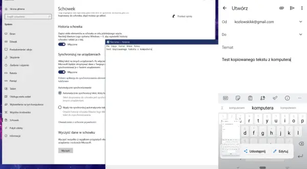Ustawienia schowka Windows. Historia schowka pozwala na zapisywanie i wklejanie elementów, a synchronizacja ułatwia kopiowanie tekstu z komputera na inne urządzenia.