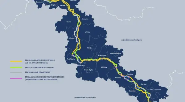 Mapa prezentująca przebieg wiślanej trasy rowerowej przez województwo dolnośląskie, z zaznaczonymi odcinkami na wałach, terenach zielonych i w pasie drogowym.