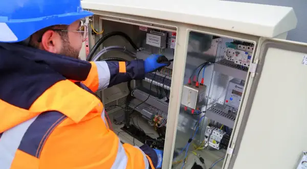 Elektryk w kasku i pomarańczowej kurtce pracuje przy skrzynce z przewodami. To jego zadanie, by wszystko działało sprawnie, jak w sep g1.