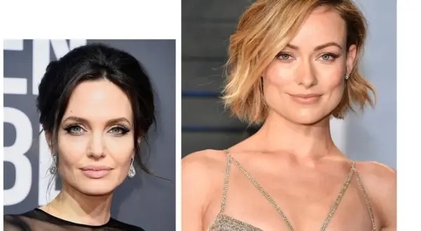 Zwei Frauen mit eckigem Gesicht: links Angelina Jolie mit hochgesteckten Haaren, rechts Olivia Wilde mit kurzem Bob. Frisuren eckiges Gesicht vorher nachher.