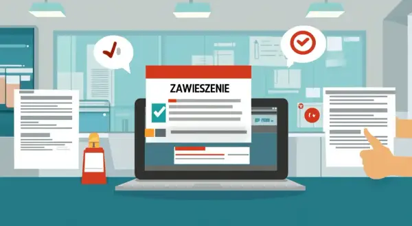 Dokument "Zawieszenie" na ekranie laptopa, obok dokumenty i ikony potwierdzenia. Proces zawieszenia działalności a konto firmowe.