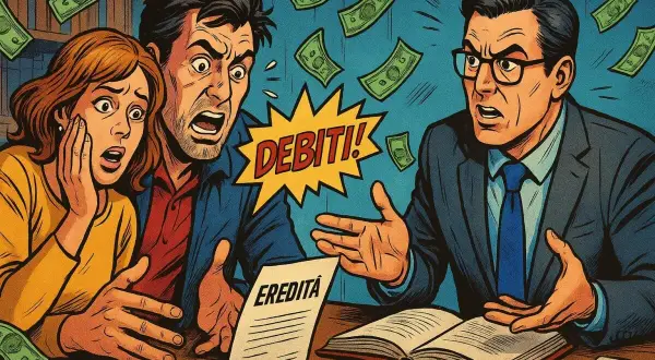 Coppia scioccata davanti a un notaio che parla di "DEBITI!" e "EREDITÀ". Soldi volano, suggerendo una situazione finanziaria complicata dopo quanto tempo il notaio chiama gli eredi.