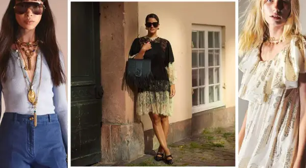 Estilo boho: mujer con collares dorados y top azul, otra con vestido de encaje negro y bolso flecos, y una tercera con vestido blanco volantes.