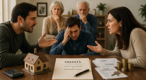 Famiglia in lite per l'eredità. La sorella non vuole fare la successione, mentre gli altri discutono animatamente attorno a documenti e una casa giocattolo.