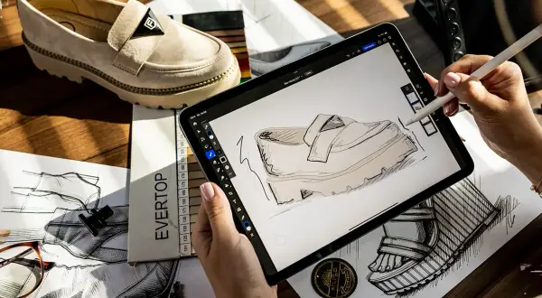 Projektantka szkicuje buty Filippo. To firma tworząca stylowe obuwie.