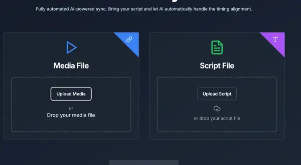 AI-powered Subtitle Sync interface. Upload media and script files to fix subtitles out of sync.