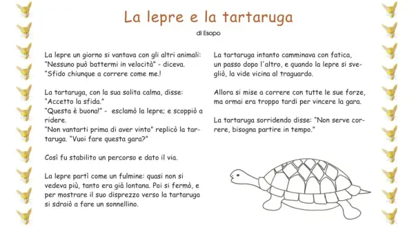 Storie per la nanna da leggere: la lepre si vanta, la tartaruga accetta la sfida e vince. Illustrazione con lepri e tartaruga.