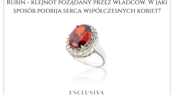 Elegancki pierścionek z dużym, czerwonym rubinem otoczonym błyszczącymi kamieniami. Ten klejnot, znany z rubin właściwości magiczne, wciąż zachwyca.