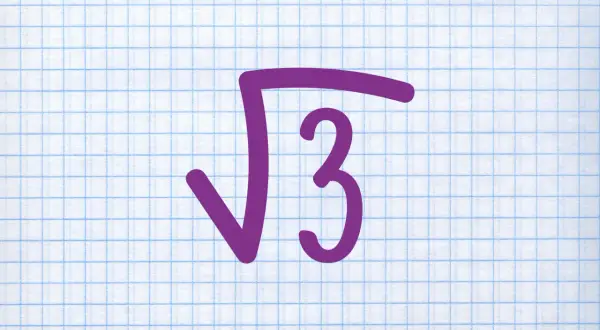 Fioletowy symbol pierwiastka z liczby 3 na kartce w kratkę.